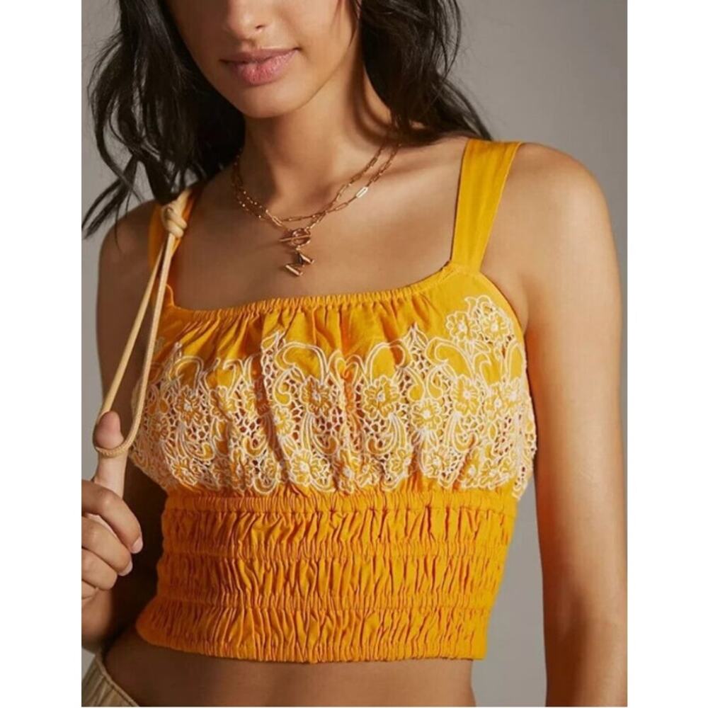 Anthropologie Smocked Embroidered Crop Top Mustard Goldenrod XS Coquette Cottage